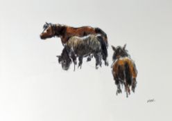 SIR KYFFIN WILLIAMS RA coloured print - three ponies, signed with initials, 28 x 38cms Provenance: