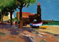 DONALD McINTYRE acrylic - harbour with figures, boats and trees in Cote Vermeille town, South of