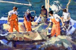 DAVID RANDAL DAVIES acrylic - team of fishermen in orange overalls, entitled verso 'Fishermen',