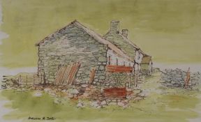 ANEURIN M JONES watercolour - farm buildings entitled verso 'Bryntywarch', signed, 20 x 33cms
