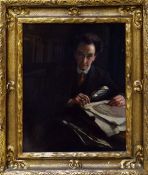 CAREY MORRIS oil on board - portrait of a middle-aged gentleman holding a magnifying glass at a
