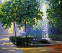 CAREY MORRIS oil on canvas - garden in gentle sunlight with fountain, entitled verso 'The Fountain