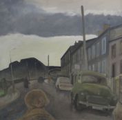 GEORGE CHAPMAN oil on canvas - South Wales Valleys street scene with figures and cars, entitled