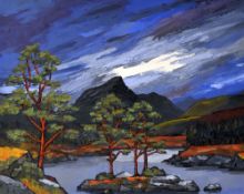 DAVID BARNES oil on board - moonlit landscape with lake, signed in full verso, 60 x 75cms