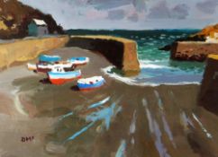 DONALD McINTYRE acrylic - harbour scene with harbour wall and colourful fishing boats, entitled