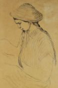BRENDA CHAMBERLAIN pen and ink half length portrait - of a Burmese girl with plaited hair at work,