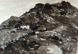 SIR KYFFIN WILLIAMS RA watercolour - Snowdonia farm cottage with dry stone wall on hill, '