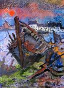 GWILYM PRICHARD mixed media on paper - beached boat timbers, cottages and sunset, entitled verso '