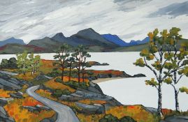 DAVID BARNES oil on board - highland landscape with lake, 'The Road to Lochinver', signed in full