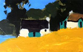 DONALD McINTYRE oil / acrylic - waterside farmstead, 10.5 x 16.5cms Provenance: declared verso, '