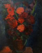 JOSEF HERMAN oil on canvas - still life of red & pink flowers in a jug on a table with blue