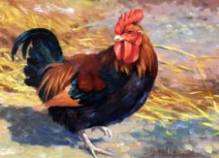 DONNA CRAWSHAW oil on card - cockerel, signed, 13 x 17cms