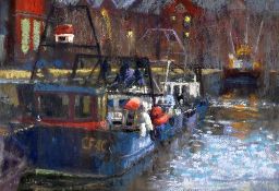 UNKNOWN pastel - fishing vessel and dock buildings, entitled verso 'Trawlers, Swansea Docks', signed