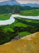GWILYM PRICHARD oil on canvas - landscape with farmland, meandering river and mountains, signed,