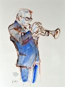 KAREL LEK watercolour / mixed media study - of the jazz trumpeter Humphrey Lyttelton at the