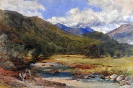 DAVID COX watercolour - Snowdonia landscape near Capel Curig and two figures by the riverside,