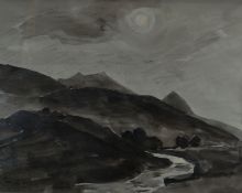 SIR KYFFIN WILLIAMS RA watercolour - mountain stream with high peaks in background, 'Rhostryfan',