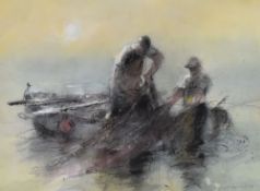 WILLIAM SELWYN watercolour - two fisherman and their boats hauling in the nets, signed in full, 29 x