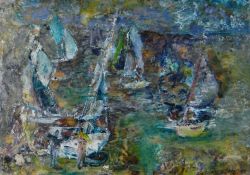 TERRY SETCH oil & encaustic wax on board - sailing scene with figures entitled verso 'Tide Water