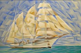 ALEX CAMPBELL oil on canvas - sailing ship in cubist form, signed, 49 x 74cms