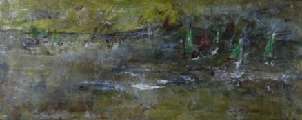 TERRY SETCH oil & encaustic wax on board - sailing scene with headland, entitled verso 'Sulphurous