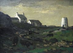 SIR KYFFIN WILLIAMS RA oil on canvas - whitewashed Anglesey farm and disused windmill with horned