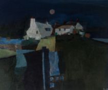 RAY EVANS oil - farm and cottage buildings on hillside at dusk, signed, 25 x 30cms