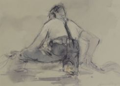 WILLIAM SELWYN coloured print - fisherman dragging his nets, signed in full, 14.5 x 20cms