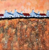 GWYN OWEN acrylic on board - a row of whitewashed Welsh cottages, signed verso and entitled '