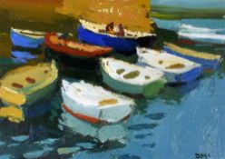 DONALD McINTYRE acrylic - a group of eight boats in harbour with figures in one, 24 x 34cms