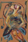 JOHN UZZELL EDWARDS oil on canvas - semi-abstract figure on ochre background, entitled 'Carnival