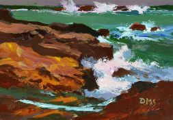 DONALD McINTYRE oil / acrylic - rough seas, rocky coast, signed with initials, 19.5 x 28cms