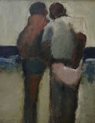 WILL ROBERTS oil on board - two standing figures with one figure reaching behind him, signed and