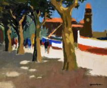 DONALD McINTYRE oil on board - view of figures walking on fore-shore through trees with beached