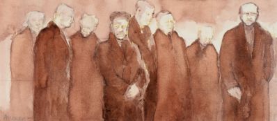 ANEURIN JONES mixed media, watercolour and pencil - group of standing figures, entitled verso '