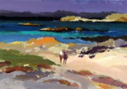 DONALD McINTYRE acrylic oil - rugged beach scene with two figures, 19 x 27cms Provenance: declared