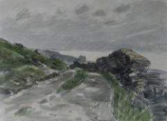 SIR KYFFIN WILLIAMS RA watercolour - roadway leading to Harlech Castle with adjacent dry stone