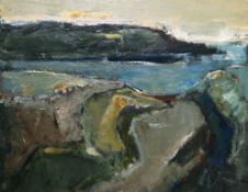 WILL ROBERTS oil on canvas - coastal scene with headland, entitled verso 'Gower Lane', signed with