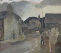 GEORGE CHAPMAN oil on canvas - South Wales Valleys street scene with school-house and children