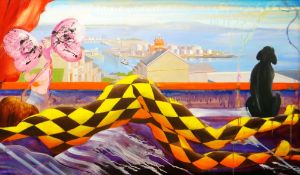 RICHARD O'CONNELL oil on canvas - dream-like narrative with reclining harlequin figure, view from