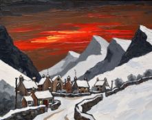 DAVID BARNES oil on board - snow covered hillside village at dusk, entitled verso 'Snowbound Road,