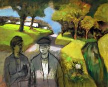 JOHN ELWYN oil on canvas - two figures in a Welsh country lane in conversation, John Elwyn studio