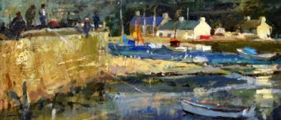 JANE CORSELLIS oil - figures, houses and boats, entitled verso 'The Harbour Wall, Abergwaun',