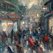 GARETH PARRY oil on canvas - street scene entitled verso 'Tref Fach Brysur (III)' (Busy Little