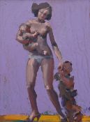 KEVIN SINNOTT oil on board - nude cradling baby and with small child, signed with initials, 41 x