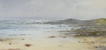 GARETH THOMAS watercolour - Gower beach scene, entitled verso 'Rough Weather, Port Eynon', signed,