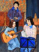 CLAUDIA WILLIAMS oil on board - family music lesson, possibly the artist and her children, signed
