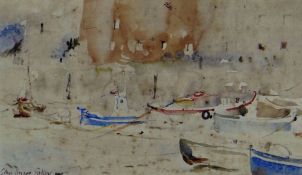 JOHN KNAPP FISHER watercolour - moored boars and buildings, entitled verso 'Boats - Porthgain' and