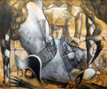 RICHARD O'CONNELL oil on canvas - surrealist illustration featuring harlequin theme and Cardiff