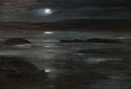 PETER JOHN JONES oil on canvas - moonlit coastal scene, signed with initials and dated '91, 75 x